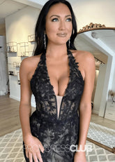 Judith |Long Plus Size Black Prom Dresses Shops With Halter V - Neck Lace Appliques Mermaid Slit - Price #price_variant_lowest# - Black - PromDressClub